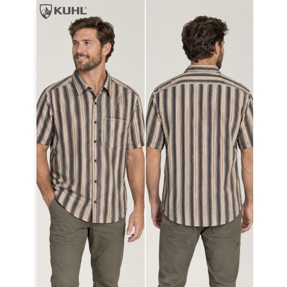 Kuhl Mens Striped Button Up Shirt Short Sleeve Sz Large Logo Utility Casual